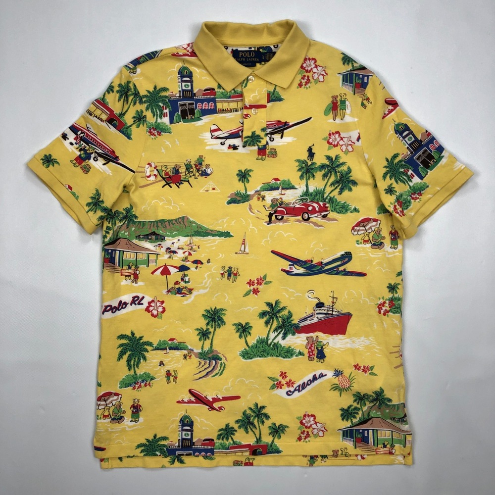 Polo Ralph Lauren Mens Yellow Hawaiian Polo Bear Tropical Print Shirt Large L